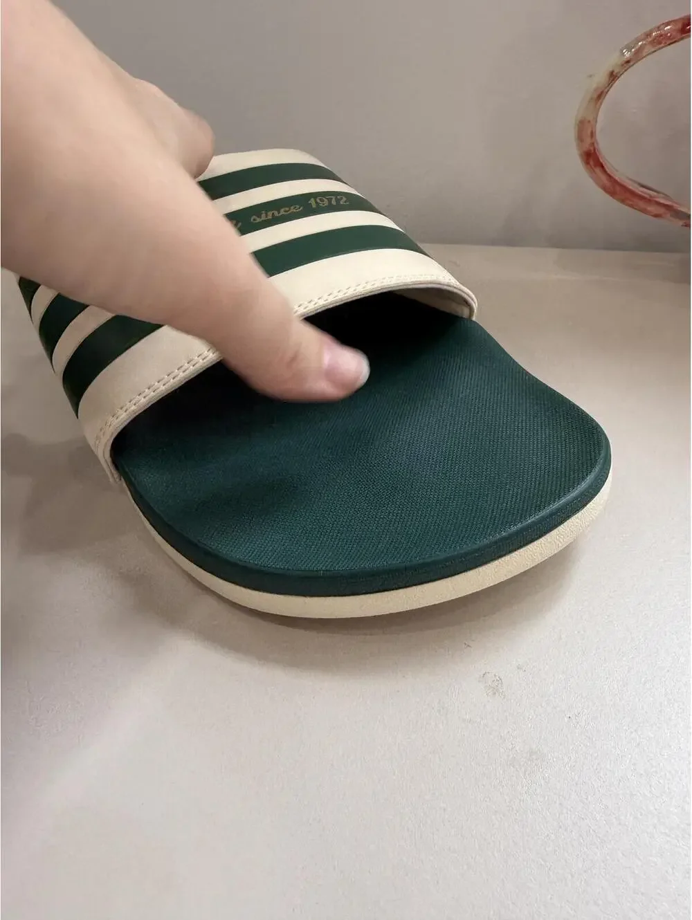 Adilette Slide Sandals with Green and Cream Stripes Men's Size 18